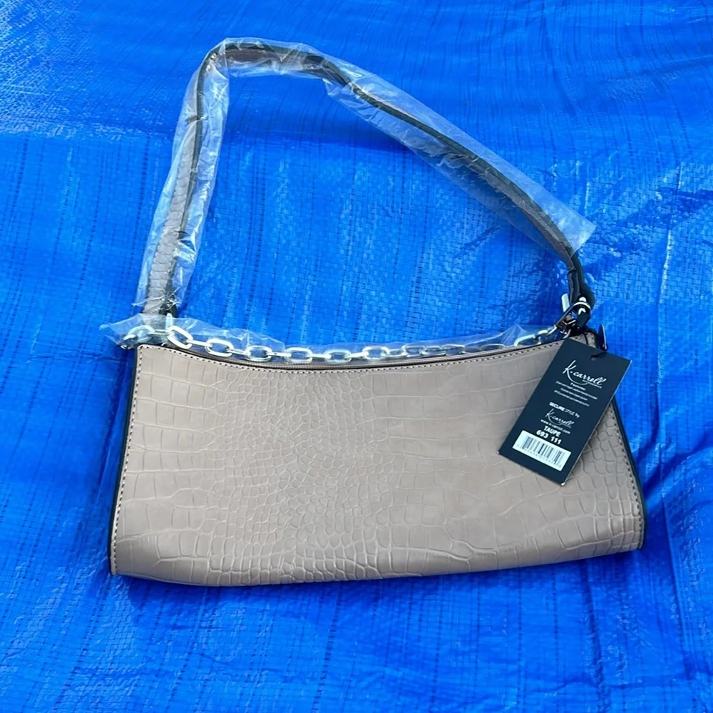 K. Carroll Taupe color Lauren Baguette Satchel. Vegan leather, croc texture